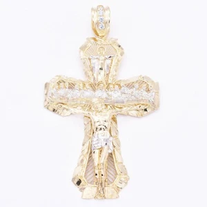 4" Textured The Last Super Jesus Cross Nugget Pendant Real 10K Yellow White Gold - Picture 1 of 8