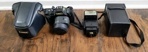 Canon T80 SLR Camera 35-70mm f3.5-4.5 Speedlite 199a Flash w Cases LN - Picture 1 of 7