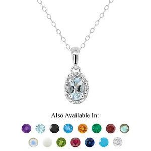 Sterling Silver 6x4mm Oval Natural Aquamarine Diamond Accent Halo Pendant - Picture 1 of 4