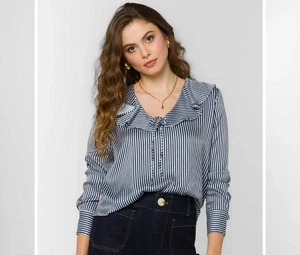 NWT J.Crew women's Navy White Striped Satin Ruffle Tie top sz. Small - Picture 1 of 7