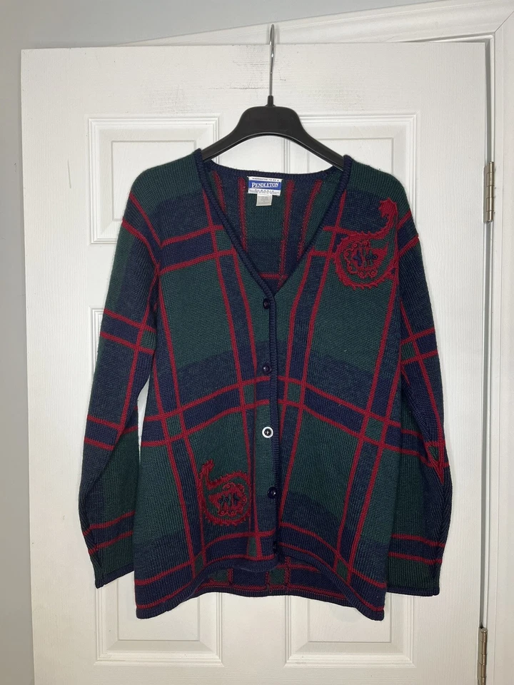 Pendleton Cárdigan Vintage Lana Cuadros con Intarsia Paisley - Grande Foto 1 de 3