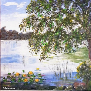 Landschaft, Acrylbild, abstrakt, See, Baum, Malerei, Keilrahmen, Leinwand - Bild 1 von 6