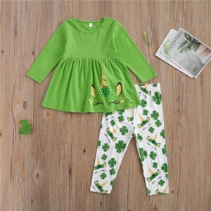 NEW St Patrick's Day Unicorn Tunic Dress & Leggings Girls Outfit Set - Picture 1 of 8