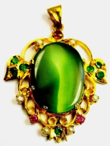 925 ST. SIL GOLD PLATED PENDANT, WITH GREEN ONYX, RUBIES, EMERALDS - Picture 1 of 5