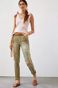 Anthropologie Pilcro The Wanderer Barrel Jeans Patchwork Boho Verde Donna 29 - Foto 1 di 12