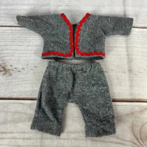 Vintage Gray Felt Soft Doll Clothing Outfit Red Trim Pants Shirt Jacket - Picture 1 of 5