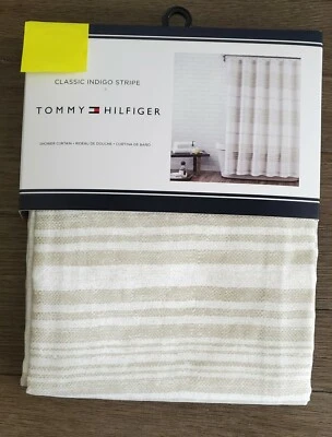 Tommy Hilfiger Clásico Indigo Rayas Marfil Beige Tela Cortina de Ducha 72x72 Foto 1 de 4
