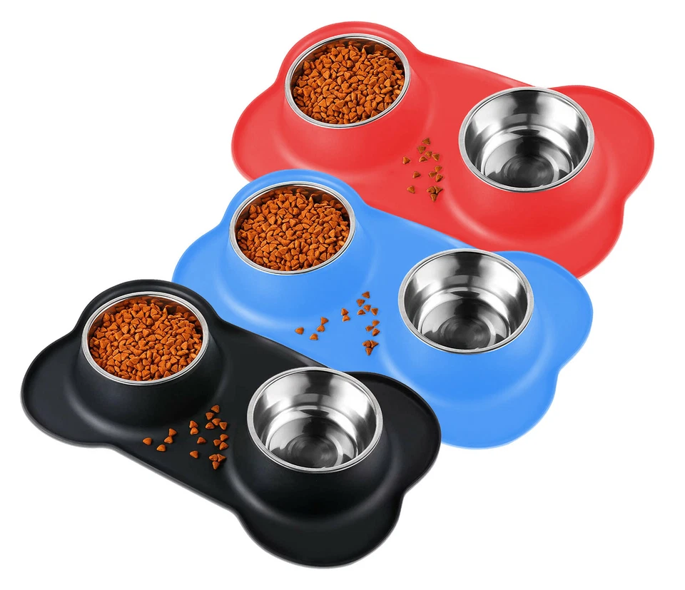 DOPPIA CIOTOLA PER CANE GATTO IN ACCIAIO INOX TAPPETINO SILICONE ANTICADUTA - Immagine 1 di 1