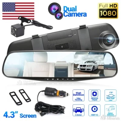 Rearview Mirror Dash Cam 1080P HD DVR Dual Camera Car Front Rear Video Recorder - Image 1 of 4