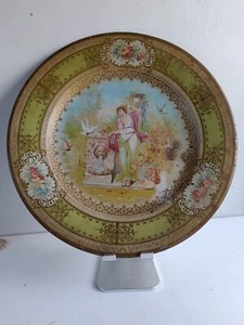 Antique Tin Litho Plate Vienna Art Victorian Fountain Garden Green Gold 10 in - Picture 1 of 6