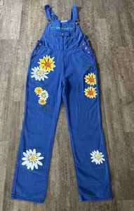 Misslook Flower Overalls Sz 2XL Blue Painted Floral Denim Jeans Bibs Pants 34x29 - Picture 1 of 11