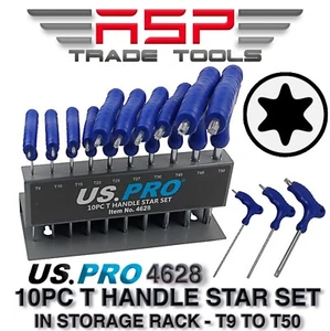 US PRO 10pc Long Metric Torx Star key Wrench Set T9 - T50 T-Handle Keys 4628 - Picture 1 of 4