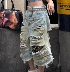Women's Straight Leg Ripped Blue Denim Jeans Holes Loose Fit Punk Pants Shorts - Picture 1 of 6