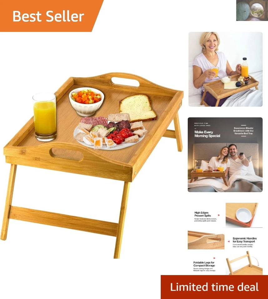 Heavy Duty Bamboo Bed Tray Table With Folding Legs and Handles 18 X 12 by 8 Inch