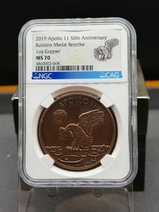 2019 Apollo 11 50th Anniversary Robbins Medal Restrike 1 Oz Copper MS70 - Picture 1 of 3