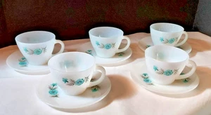 Fire King "Bonnie Blue Flower" 5 Cups and Saucers 1950's-60's - Picture 1 of 6