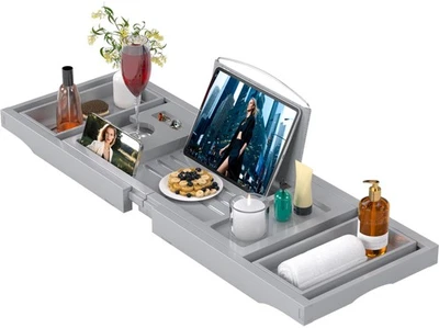 Bandeja de carrito de bañera para bañera, bandejas de mesa de baño plegables, estante de bambú con libro a... Foto 1 de 4