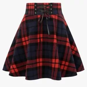 Womens High Waist Red Navy Tartan Plaid Check Short Mini Skirt Size XL - Picture 1 of 8