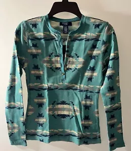 Chaps women long sleeve Shirt Sz PS Turquoise Geo Print Pullover Button Neckline - Picture 1 of 11