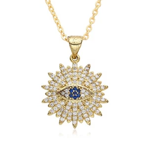 Egyptian Evil Eye Necklace Gold Tone Medallion Blue White Zirconia Pendant UK - Picture 1 of 2