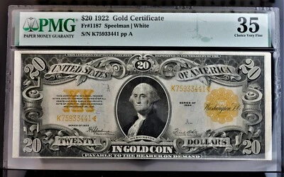 1922 $20 Gold Certificate Fr#1187 Large Speelman/White PMG Choice VF35 - Image 1 of 2