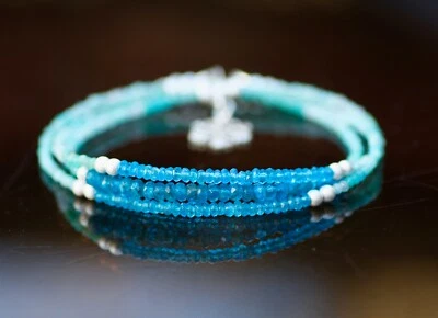 Natural Neon Blue Apatite Amazonite Long Necklace Wrap Bracelet Sterling Silver  - Imagem 1 de 4