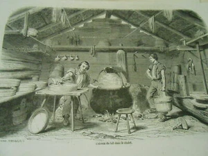 Gravure 1853 - Suisse Cuisson du lait dans le chalet - Foto 1 di 1