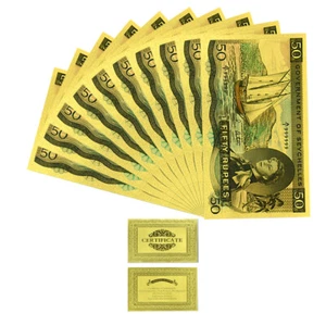 10pcs Seychelles Gold Foil Plastic Banknotes 50 Rupees Commemorative Gift Crafts - Picture 1 of 5