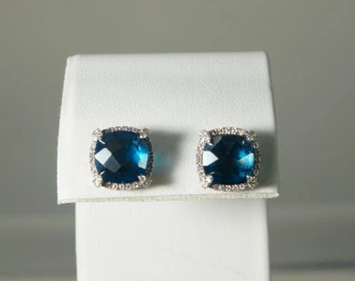 Pendientes David Yurman TOPACIO AZUL Diamante Halo Chatelaine Oro Esterlina 925 585 Foto 1 de 4