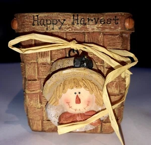 Happy Harvest Fall Scarecrow Tealight Votive Candle Holder Ceramic basket EUC - Picture 1 of 7