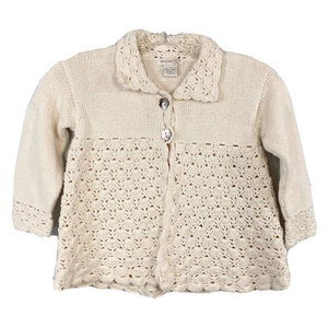 2H Knits Cardigan Girls Sz 4 Ivory Cotton Knit Crochet Collared Button - Picture 1 of 7