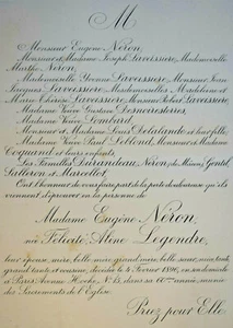 EUGENE NERON Legendre Laveissiere FAIRE PART Desnoiresterres Lombard 1896 - Picture 1 of 2