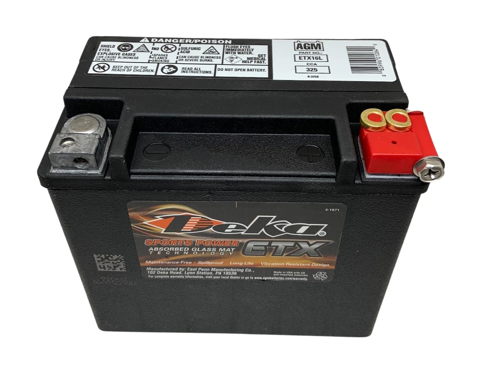 Deka ETX16L Motorcycle Battery 12V 19AH 325 CCA AGM OEM Harley Honda Yamaha - Image 1 of 3