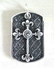 KNIGHT FLEURY CROSS DOG TAG SOLID STERLING 925 SILVER PENDANT - Picture 1 of 7