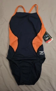 Traje de baño Speedo Endurance+ Spark azul marino y naranja empalme espalda cruzada para mujer talla 28 - Imagen 1 de 7