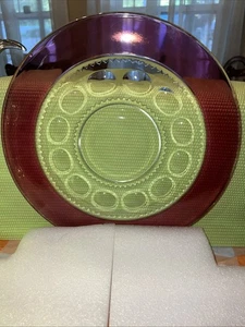 Vintage 13" Kings Crown Thumbprint Ruby Flash Glass Holiday Cookie Treat Platter - Picture 1 of 3