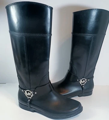迈克高仕黑色橡胶及膝高雨靴银色标志女式鞋10码 — 第 1/4 张图片