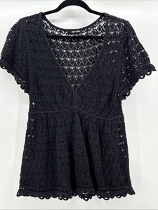 Spring & Mercer Black Crochet Top Women’s Size Large V Neck - Picture 1 of 9