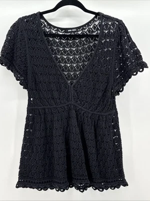 Spring & Mercer Black Crochet Top Women’s Size Large V Neck - Image 1 of 4