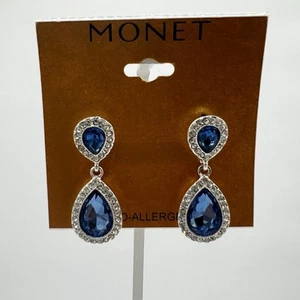 Monet Teardrop Dangle Earrings – Sapphire Blue Crystal & Rhinestones NWT - Picture 1 of 4
