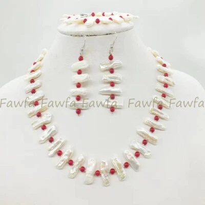 Pendientes pulsera collar coral rojo perla palo blanco barroco natural Biwa 18"" Foto 1 de 3