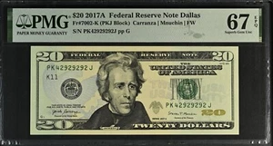 2017A $20 DALLAS Fancy SERIAL # ***PK42929292J*** Note PMG 67 EPQ - Picture 1 of 2
