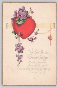 Postcard Valentine Greetings Card Large Heart with Hanging Purple Flowers 1925 - Picture 1 of 2