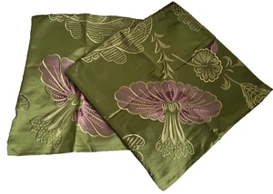 Olive Green Cotton Sateen Linen Embroidery Flowers Cushion Covers BNWOT x2 Pair - Picture 1 of 15