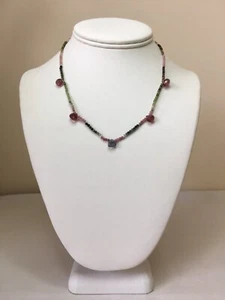 Natural Watermelon Tourmaline, Sterl. Silver Handmade necklace, knotted, 16 1/2" - Picture 1 of 3