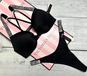 Victoria’s Secret Swim Shine Strap Bombshell Push-up Thong Set Black - Picture 1 of 9