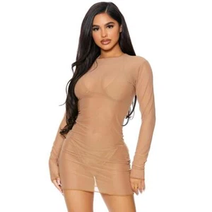 Swim Coverup Mini Dress Sheer Mesh Print Long Sleeves Mocha Brown 441424 XL - Picture 1 of 4