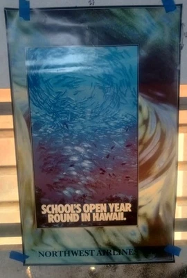 Vintage Northwest Airlines Travel Poster 25x40 Promotional HAWAII FISH Airport  - Image 1 of 4