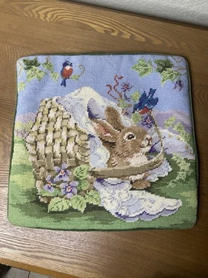 Easter Bunny Needlepoint Throw Pillow Cover Velvet Backing Zip Closure (FLAWS) - Image 1 of 4