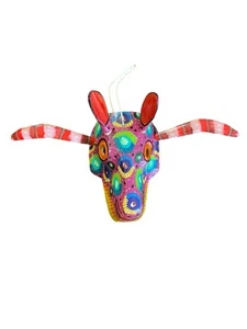 Handgefertigte Holz Ziege Maske bunt bemalt Guatemala FolkArt abnehmbare Hörner Ohr - Bild 1 von 5